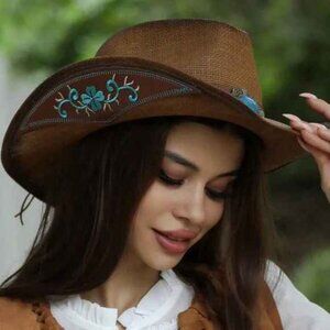 Western Straw Floral Embroidered Festival Cowboy hat